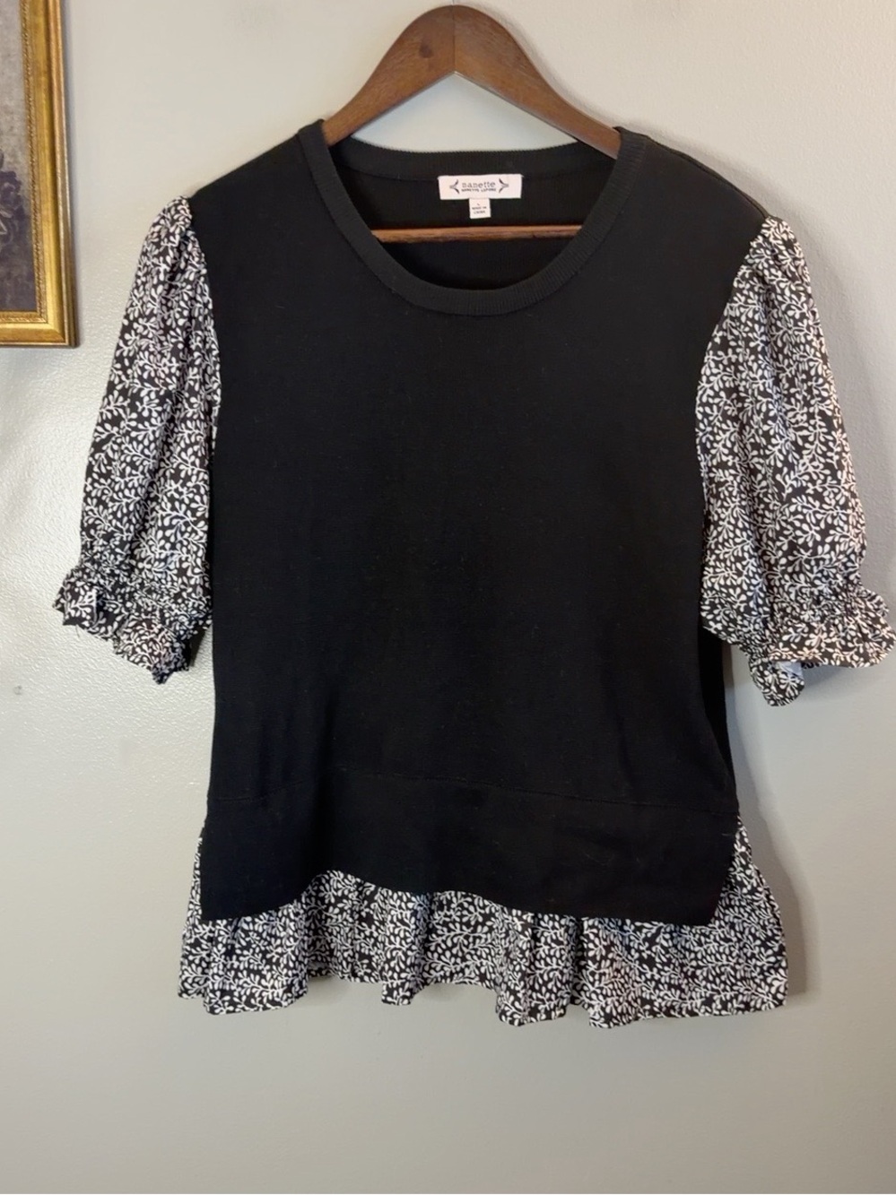 Nanette Nanette Lepore Black Floral Ruffle Hem Puff Sleeve Top L - Picture 3 of 9